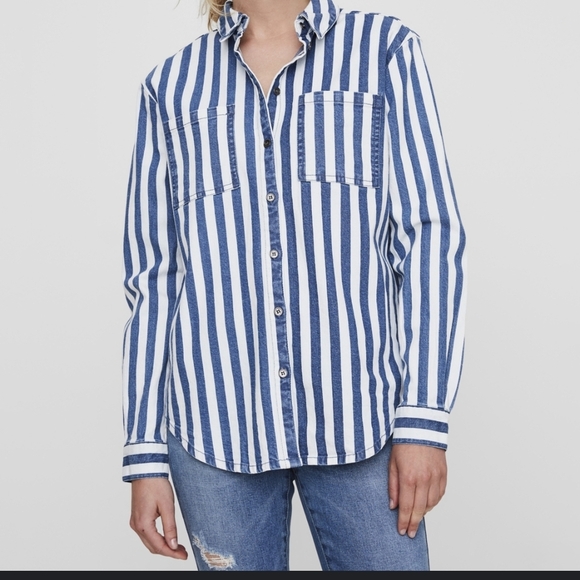 106.NWT Denim NOISY MAY Blue and White Striped Button-Up Shirt - Picture 1 of 7